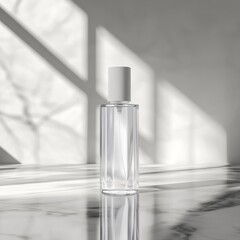 Aufkleber - Elegant Clear Spray Bottle Mockup on Marble Surface with Natural Light and Shadows, Minimalist Design