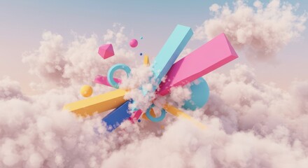 Poster - Abstract Pastel Shapes Floating in Clouds Dreamlike 3D Render of Geometric Forms