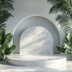 Poster - Marble Podium Display with Tropical Plants and Archway: A Minimalist Showcase for Product Presentation or Cosmetic Display.