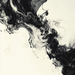 Poster - Monochrome Abstract: Dynamic Swirls and Textures in Black Ink and Fluid Paint on Cream White Paper Canvas Backdrop