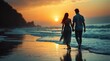 © Aleksndra - Romantic duo walking side by side on the beach, soft waves touching their feet, golden hour magic