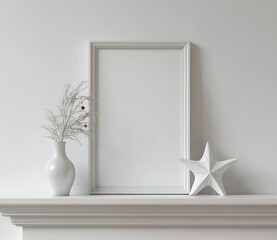 Poster - Minimalist Decorative Mantel with Empty Frame and Natural Elements