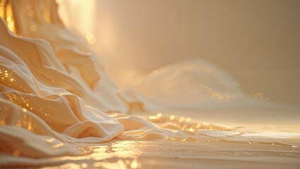 Poster - Soft drapes cascade over a serene surface, illuminated by warm light in a tranquil setting during golden hour