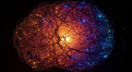 Poster - Illuminated Fiber Optic Sphere Abstract Art Tangled Wires Glowing Lights Network Technology