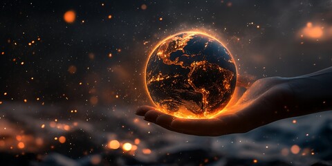 fiery globe held in hand dramatic cosmic scene art red fire dark hope warm blue earth