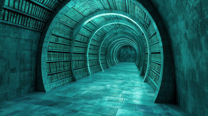Poster - Surreal Underground Library with Curved Shelves and Atmospheric Lighting in Blue Tones