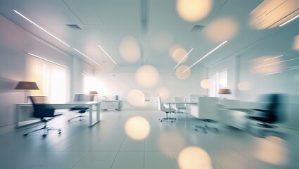 Poster - Modern office interior with blurred lights and minimalist design in bright daylight