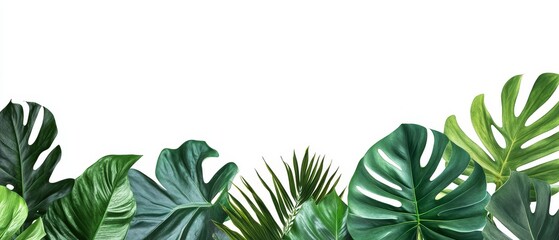 Wall Mural - tropical background with green leaves  monstera, palm, and ficus elastica on a white background