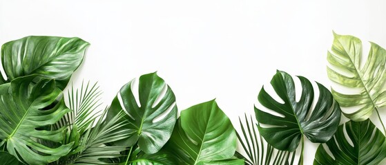 Wall Mural - tropical background with green leaves  monstera, palm, and ficus elastica on a white background