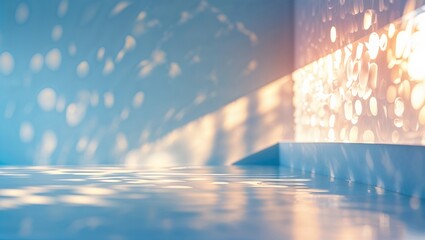 Poster - Soft light and shimmering reflections create a serene atmosphere in an indoor space during golden hour