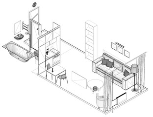 Poster - The image is a drawing of a living room with a couch, a chair, a table, a lamp, and a sink. The room is designed to be cozy and inviting, with a comfortable couch and a chair placed near the table