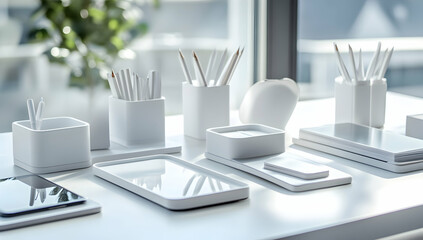 sleek and minimalist desk set with an array of white stationery items