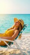 © IbragimovN - Relaxing woman in sun hat lounging on tropical beach in the sunshine
