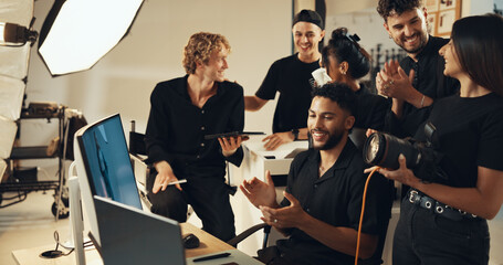 Poster - Happy people, studio or clapping for photography success for production results, project or review. Photographers, producer or computer to check for teamwork, magazine catalog or filming achievement