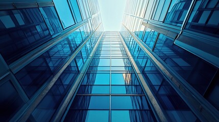 Poster - Modern Glass Skyscraper View from Ground Level Towards Sky