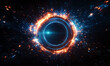 © SBAPNA- GRAPHIC - Abstract glowing circle with blue and orange lights on a black background. Futuristic and abstract sci-fi technology design element.