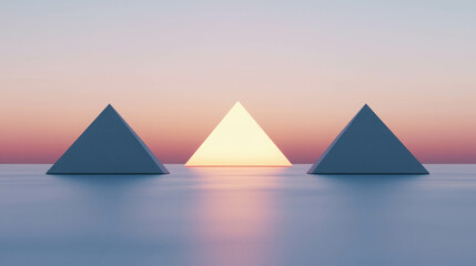 Poster - Abstract geometric landscape featuring three pyramids under a colorful gradient sky