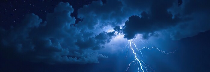 Wall Mural - black dark blue night sky with clouds and stars. a storm is coming, thunder, rain. lightning flashes