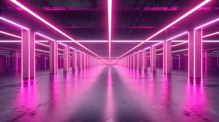 Poster - A futuristic pink lit interior with columns and reflections
