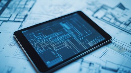 Fototapete - Close-Up of Tablet Displaying Architectural Plans on Blueprint Paper