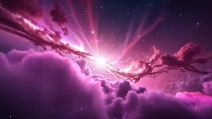 Wall Mural - Abstract Pink Cloudscape With Light Rays and Stars Evoking Wonder and Fantasy Dreamlike Scene