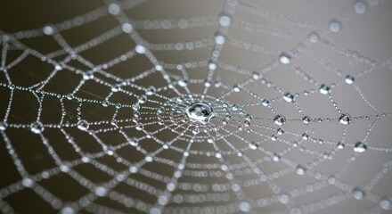 Close up of Dew Covered Spiderweb with Water Droplets Nature Macro Photography