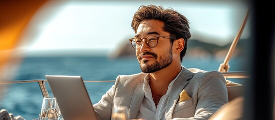 Poster - A man wearing glasses is sitting on a boat with a laptop in front of him. He is looking at the screen with a serious expression