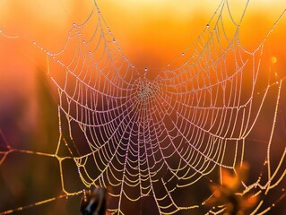 droplets of water clinging to the silken threads of a spidera??s web, refracting the morning light i