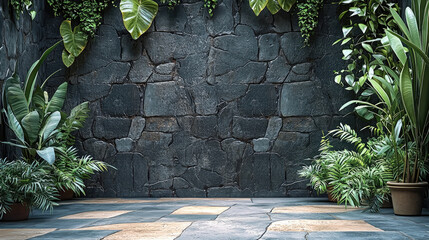Poster - serene indoor space featuring textured stone wall adorned with lush green plants, creating tranquil atmosphere perfect for relaxation or meditation