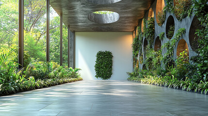 Poster - serene indoor space featuring modern design with large windows allowing natural light to flood in. walls are adorned with lush greenery, creating refreshing atmosphere