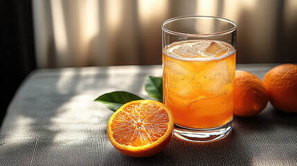 Poster - Refreshing orange juice with ice in glass, surrounded by fresh oranges and green leaves, creates vibrant and inviting scene perfect for summer day