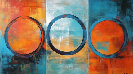 Fototapete - Three-panel abstract geometric art with circles in orange and blue, painted in fluid acrylic brushstrokes.