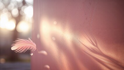 Poster - Soft pink feather floating against a warm background during a tranquil sunset near a natural setting