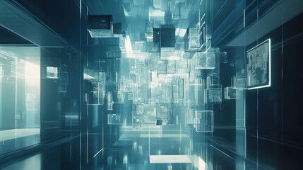 Fototapete - Transparent blockchain layers, floating data blocks connected in a futuristic, AI-driven tech environment