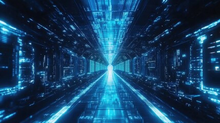 Poster - vast futuristic spaceship corridor, illuminated blue pathways, seamless metallic surfaces, cyber-tec