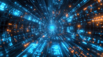 Poster - vast futuristic spaceship corridor, illuminated blue pathways, seamless metallic surfaces, cyber-tec