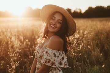 Poster - A serene woman embracing herself in a golden field during sunset with minimalistic composition