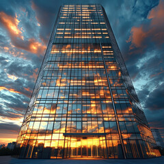 Aufkleber - modern skyscraper reflecting vibrant sunset colors its glass facade, surrounded by dramatic clouds. architectural design showcases sleek lines and contemporary style, creating striking visual