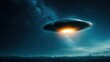 © Dulemegapixel - A captivating UFO hovers in a starry night sky over a tranquil landscape, emitting a warm glow, evoking feelings of wonder, curiosity, and the unknown beyond Earth.