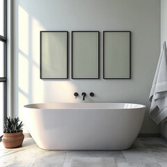 Poster - modern bathroom featuring freestanding bathtub, minimalist design, and natural light streaming through large windows. serene atmosphere is enhanced by three empty frames wall and potted plant