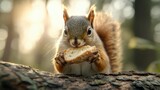 A cute squirrel stands on a tree branch holding a piece of bread, surrounded by a softly blurred forest background showcasing a serene afternoon atmosphere.