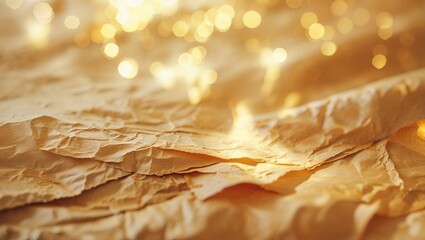 Poster - Crinkled beige paper adorned with soft golden lights creating a warm, inviting atmosphere in a cozy setting