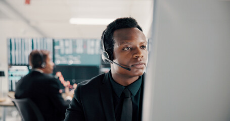 Poster - Business, headset and man with computer, online reading or call center with advice for account. Person, employees or consultant with pc, headphones or help desk with telemarketing or customer service