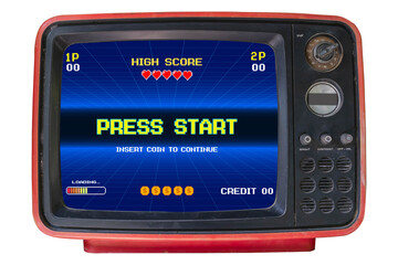Leinwandbilder - PRESS START. pixel art .8 bit game. Retro Futurism Sci-Fi Background. glowing neon grid. on old retro television. Isolated on white background.