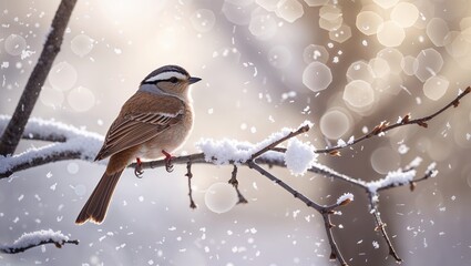 Poster - snowy winter day features a sparrow perched on a branch surrounded by falling snowflakes