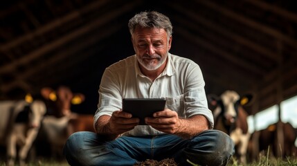 Poster - A man is sitting on the ground with a tablet in his hand. He is looking at the screen with a smile on his face. The scene takes place in a barn with cows in the background