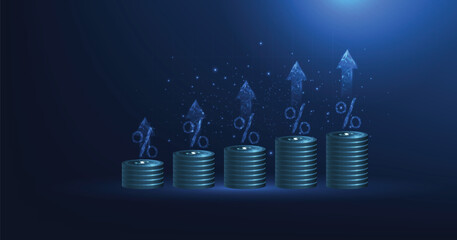 Leinwandbilder - Stack of coins with arrow up icons and percentage on a dark blue background. The concept of Financial investment, trend growing stock market, Profit return, Dividend.Digital Vector Illustration. 