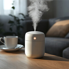 Poster - modern humidifier emits gentle mist in cozy living room setting, enhancing atmosphere with its sleek design and soft lighting. warm ambiance invites relaxation and comfort