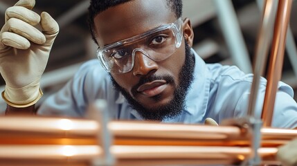 Poster - African American Mechanical Engineer Selecting Materials in Workshop