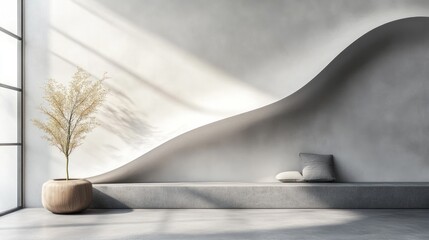 Poster - Serene indoor setting showcasing minimalist design elements with a textured wall decorative plant and subtle light play creating a peaceful ambiance